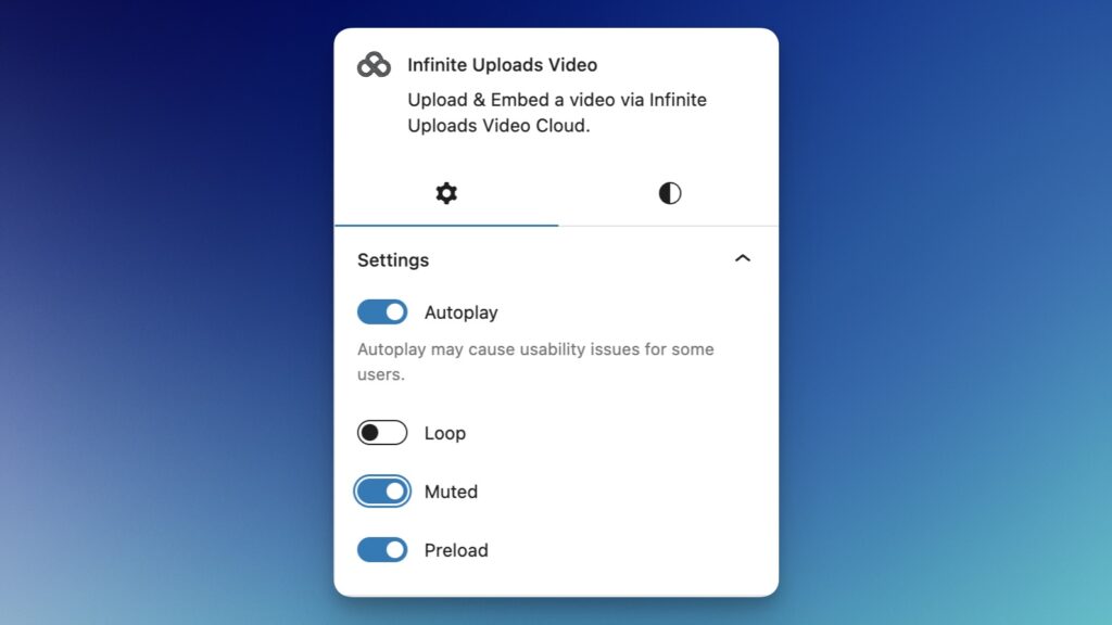 Infinite Uploads video block autoplay settings